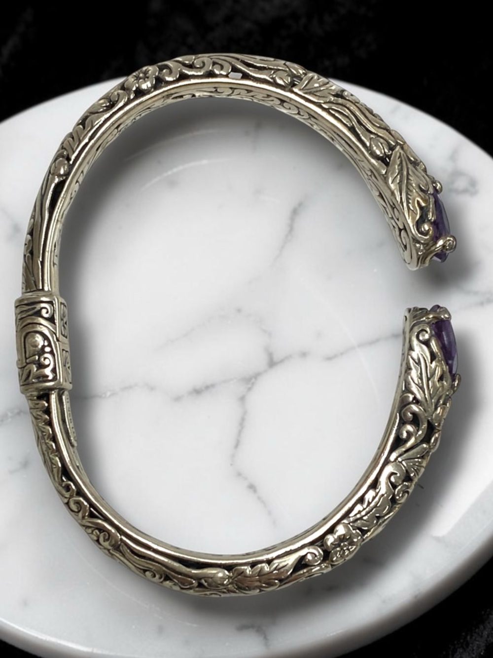 Estate Embossed Sterling Silver 925 Amethyst Cuff Hinged Bangle Bracelet! - Picture 14 of 16